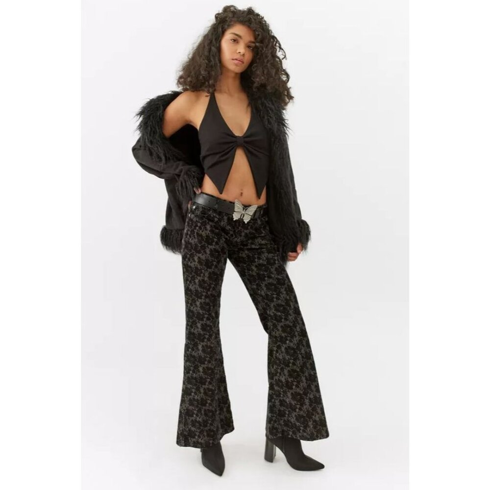 NEW BDG Womens 27 Extreme Flare Corduroy Jeans Black Floral
